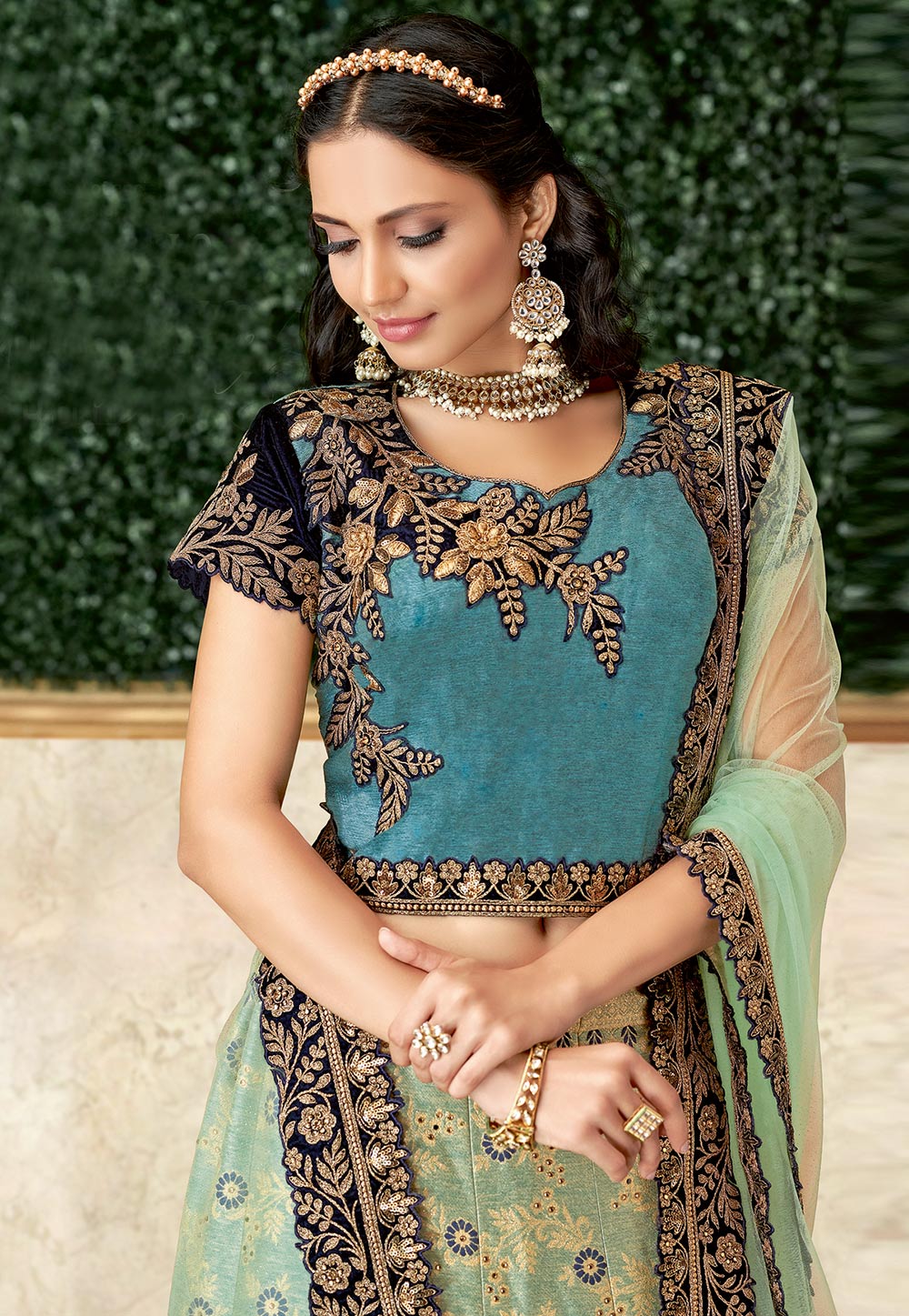 Light green jacquard embroidered circular lehenga choli 16206