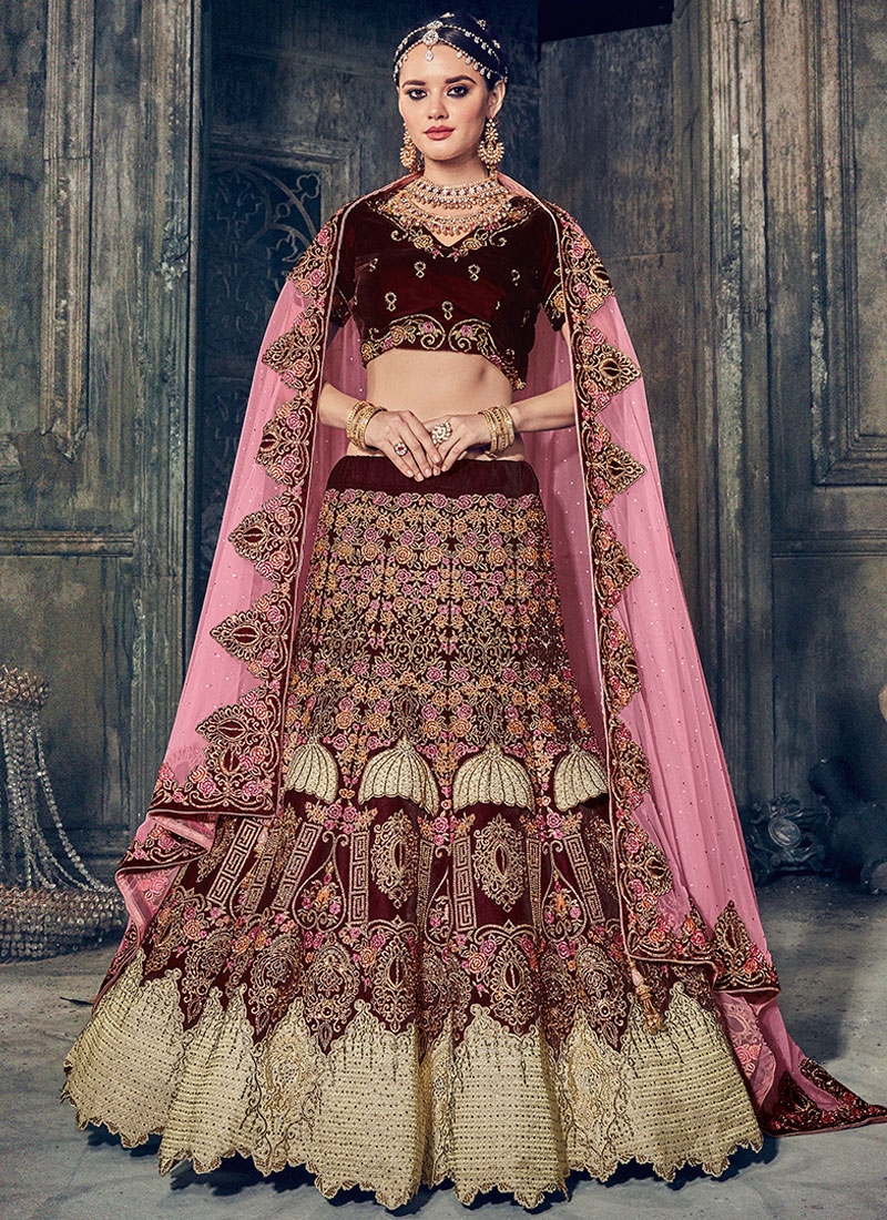 maroon velvet wedding lehenga