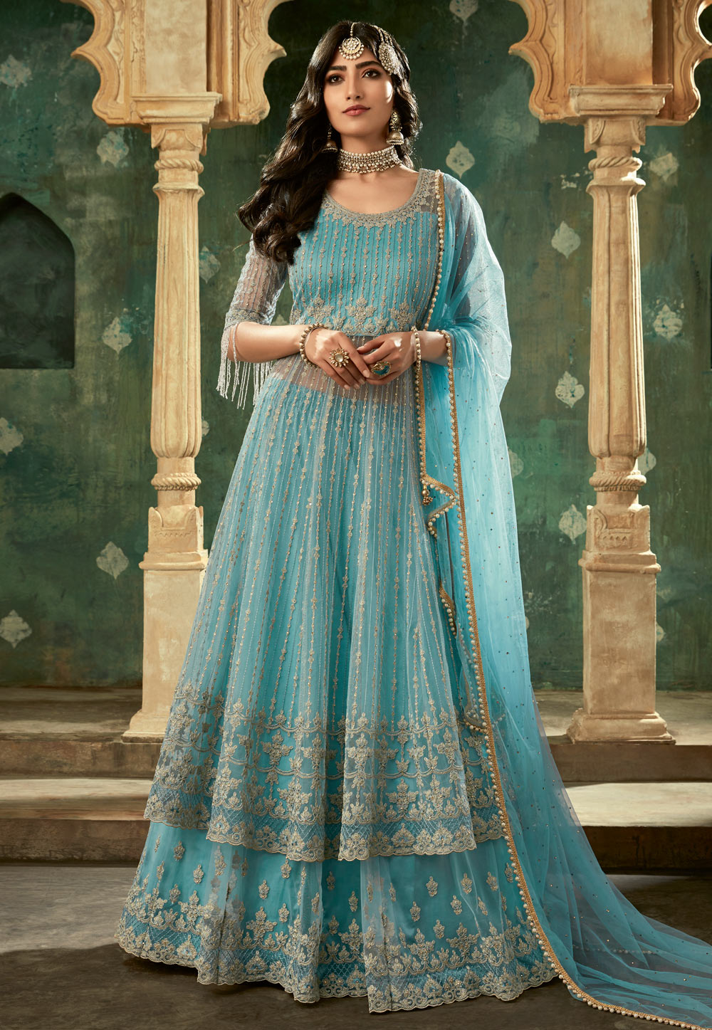 Buy Zipker Elegant Aditi Rao Lehenga Indo Western Dress (Blue,Yellow)  Online @ ₹1499 from ShopClues