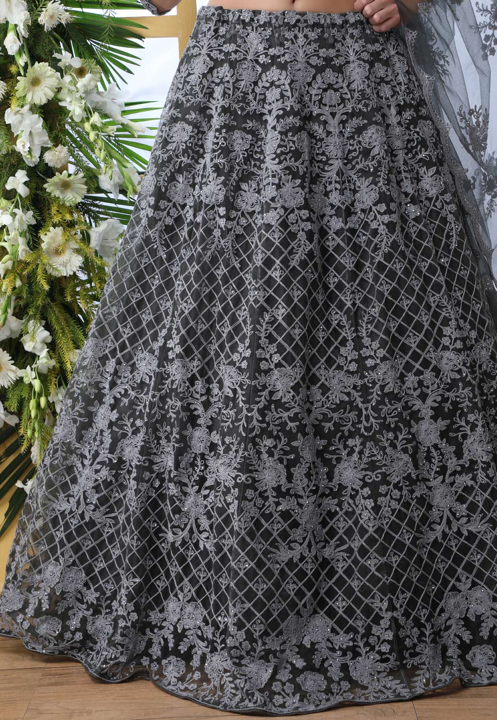 Gray net embroidered circular lehenga choli 1211