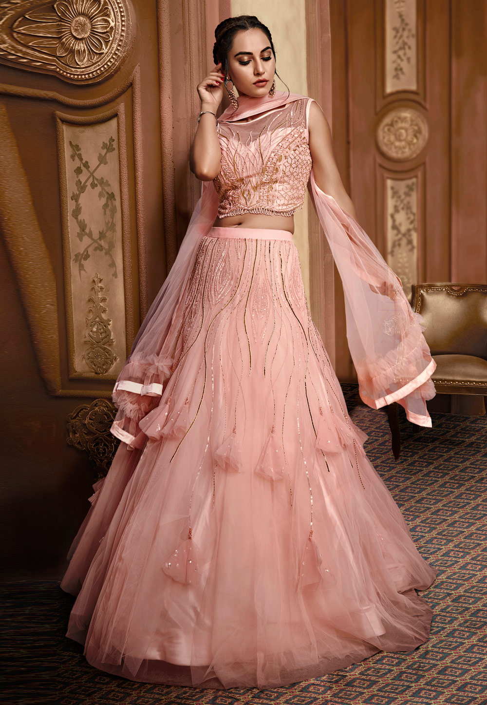 Peach Pink Bridal Designer Lehenga Set In Net SFZ92208 – ShreeFashionWear