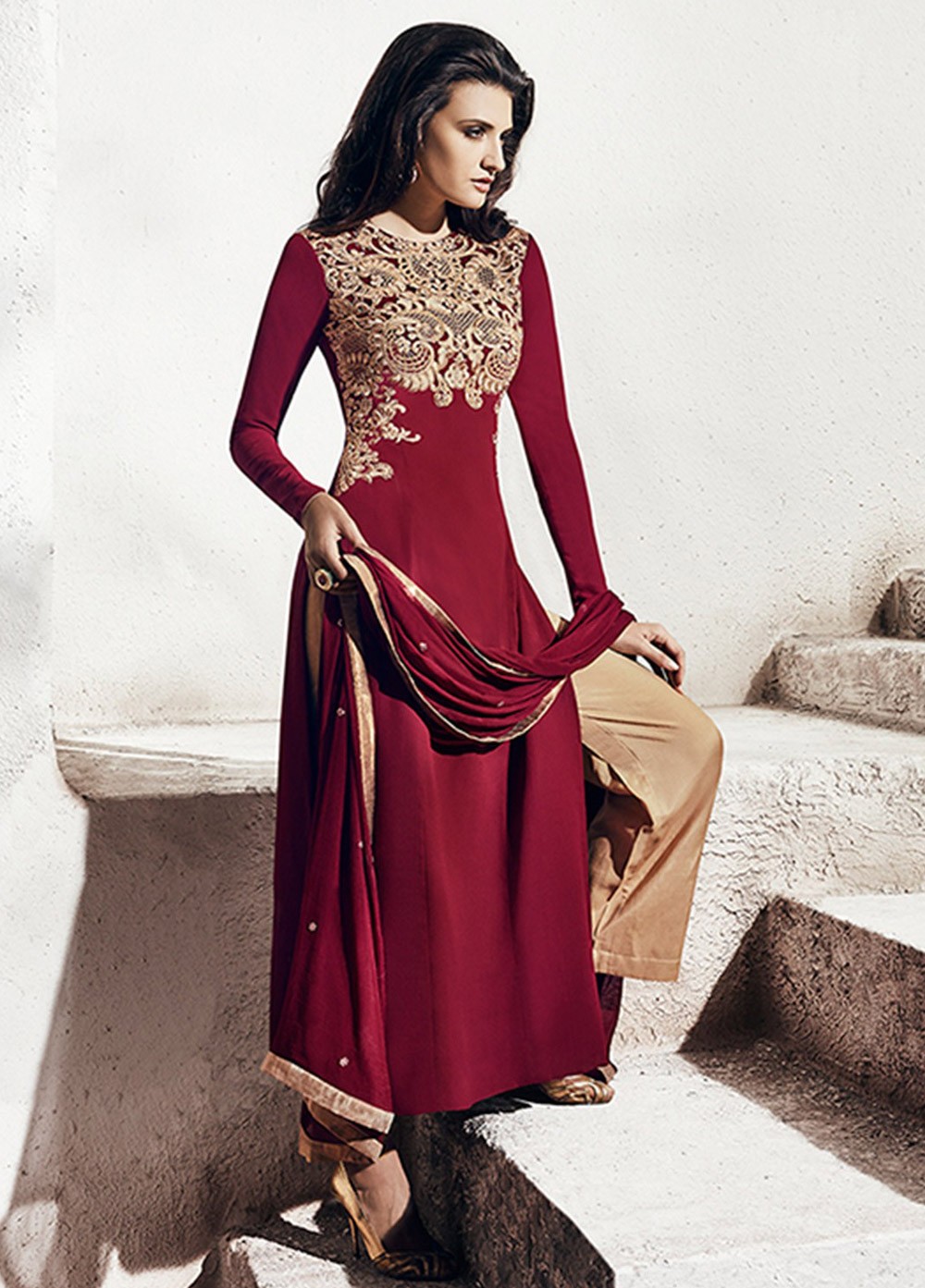 maroon and beige outfit