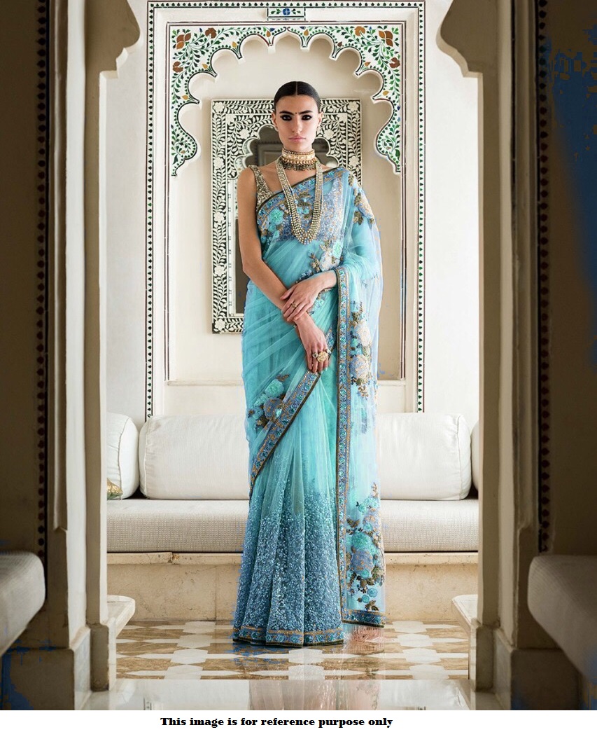 Buy Sabyasachi Inspired blue color net designer saree in UK, USA and Canada