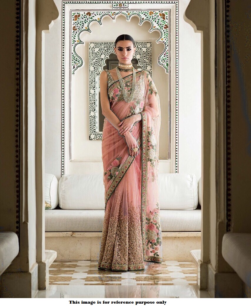 Buy Sabyasachi Inspired peach color net designer saree in UK, USA and Canada