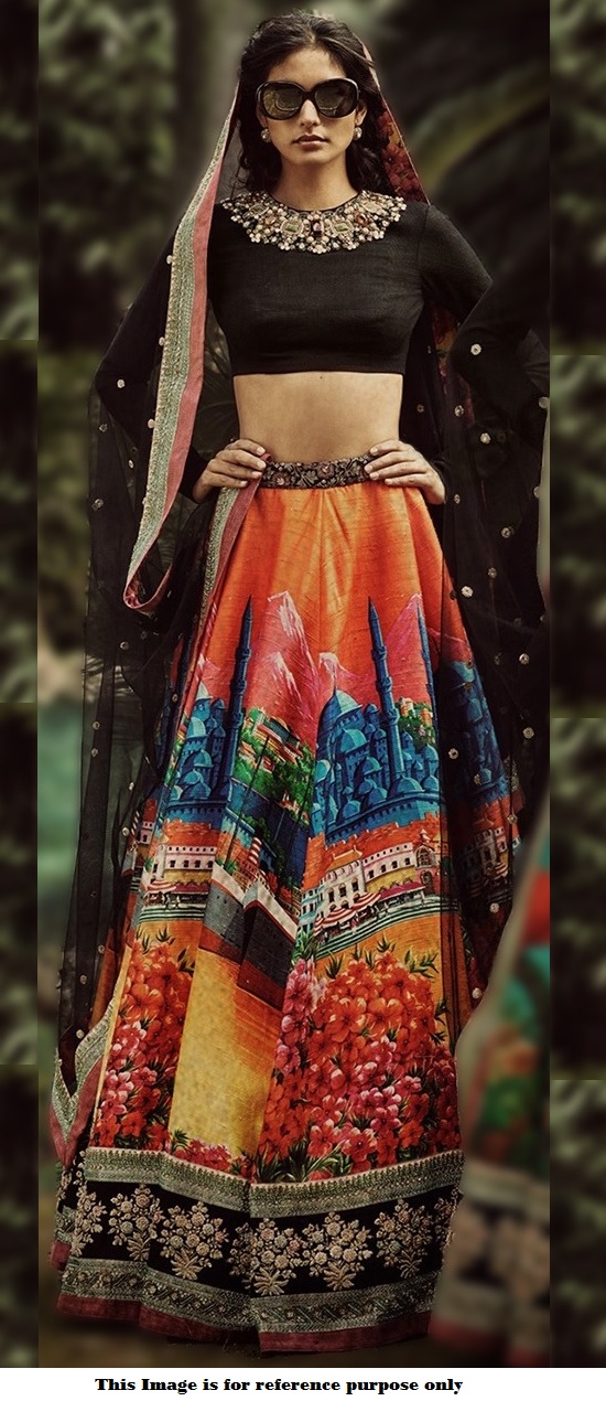 Buy Sabyasachi Inspired Black and multi color art silk wedding lehenga ...