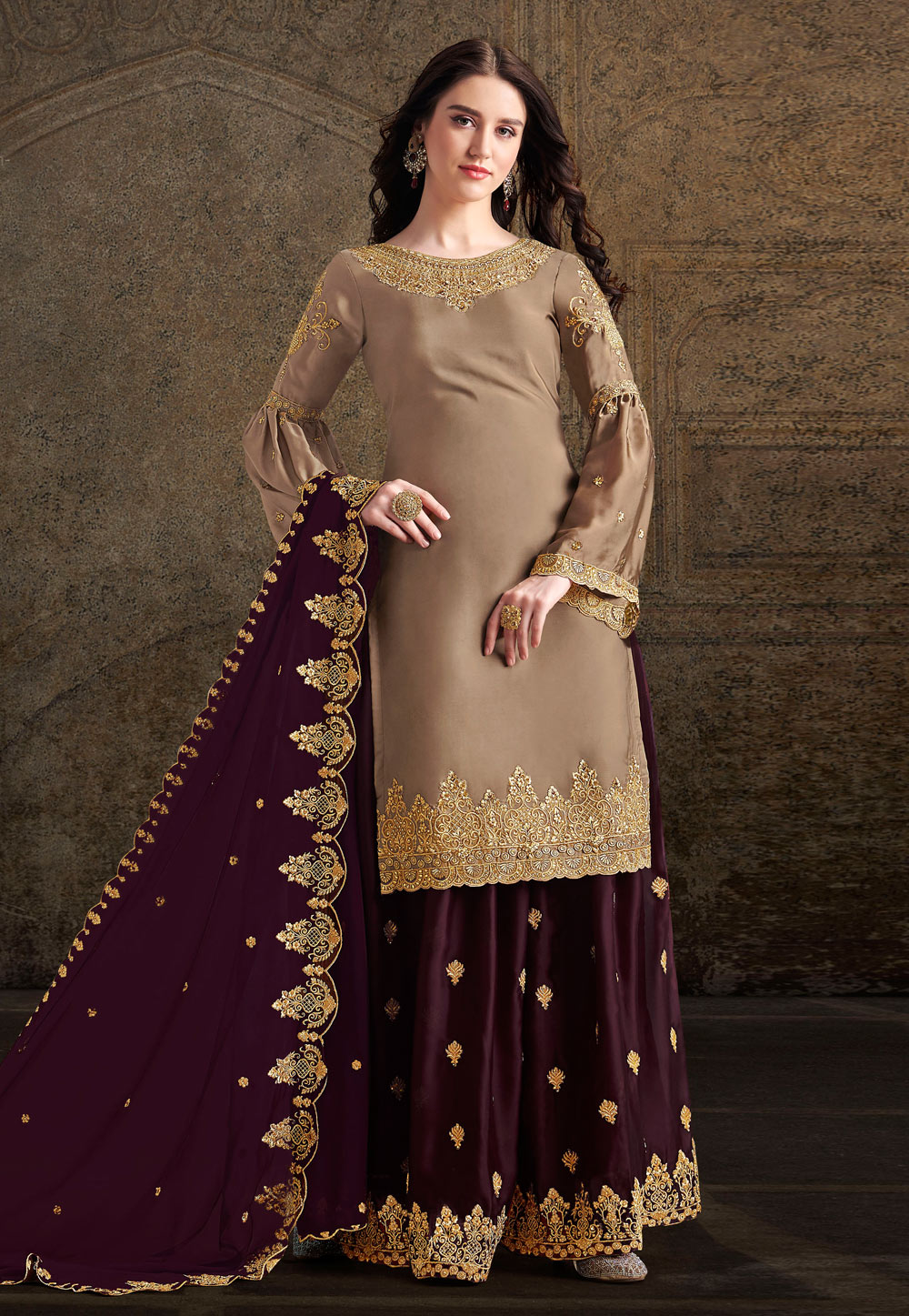 Hand Embroidered Georgette Abaya Style Suit in Brown : KWNG65
