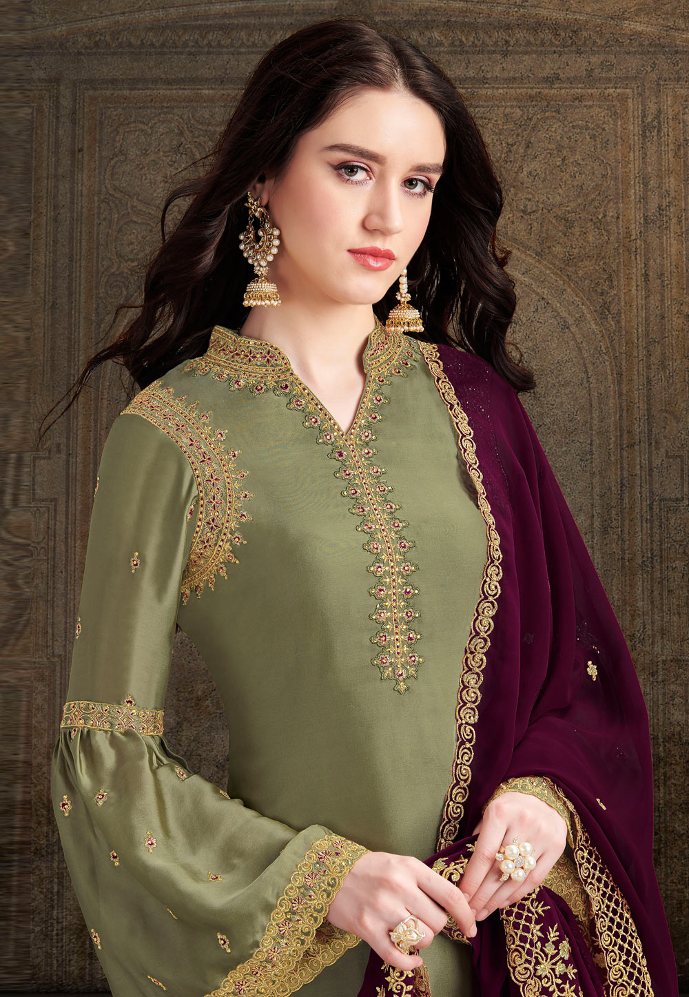 Light green satin embroidered palazzo suit 30040