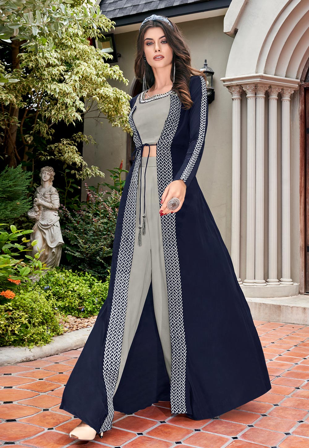 Wine And Blue Embroidered Jacket Style Palazzo Suit - Hijab Online