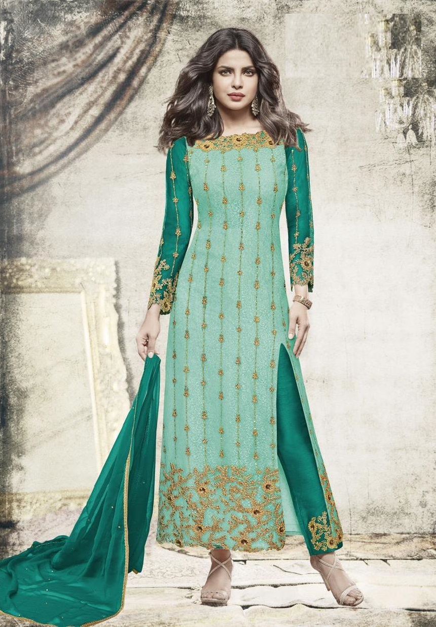 Buy Priyanka chopra green blue color straight cut salwar kameez in UK ...