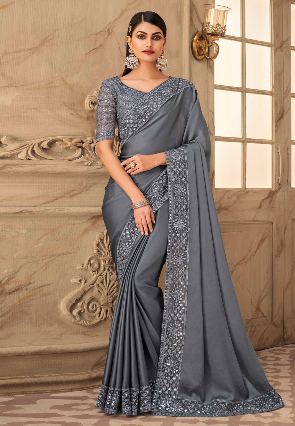 Buy Wine Georgette Hand Embroidered Sequin Bead Yoke Saree Gown For Women  by Alaya Advani Online at Aza Fashions.