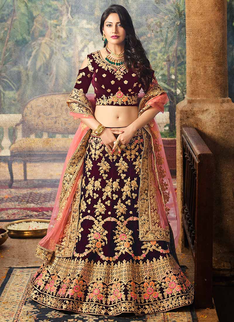 maroon colour wedding lehenga