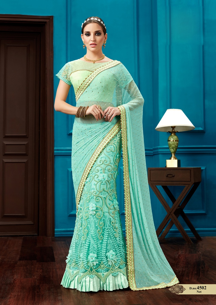 Buy Aqua green knitted net wedding lehenga saree in UK, USA and Canada