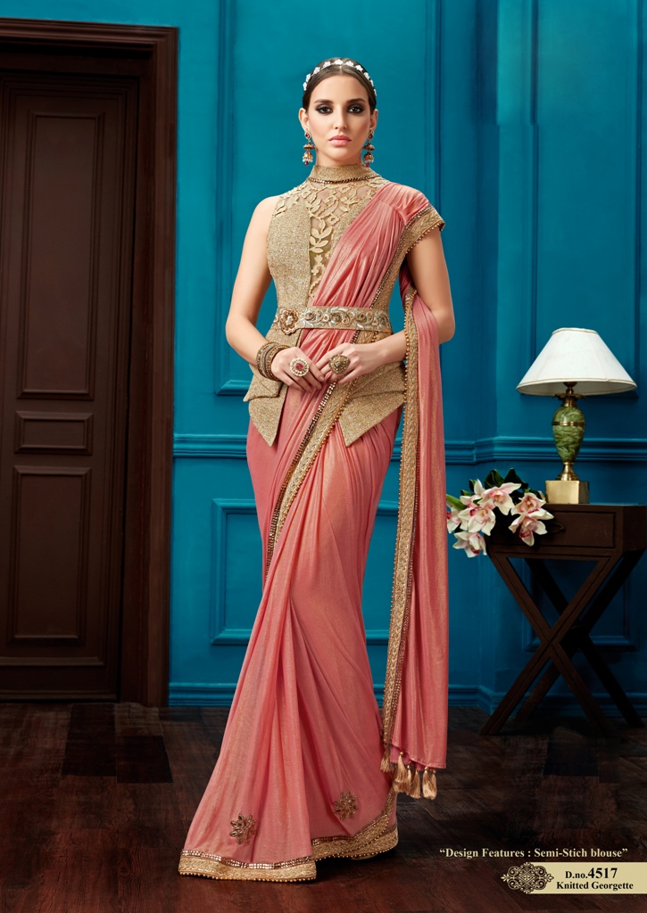 Buy Peach color knitted wedding wear saree in UK, USA and Canada