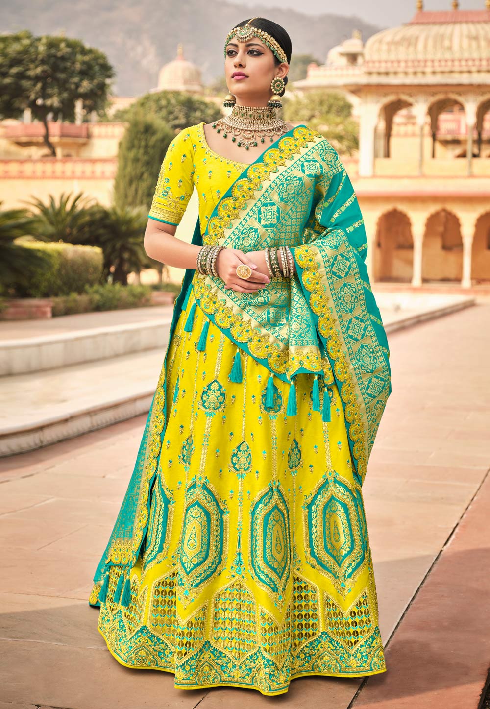 Printed Silk Lehenga Choli in Green - LC5797