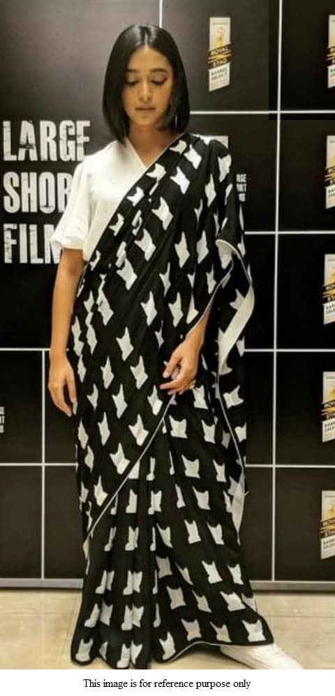 Buy Bollywood Model black and white satin silk print saree in UK, USA and Canada