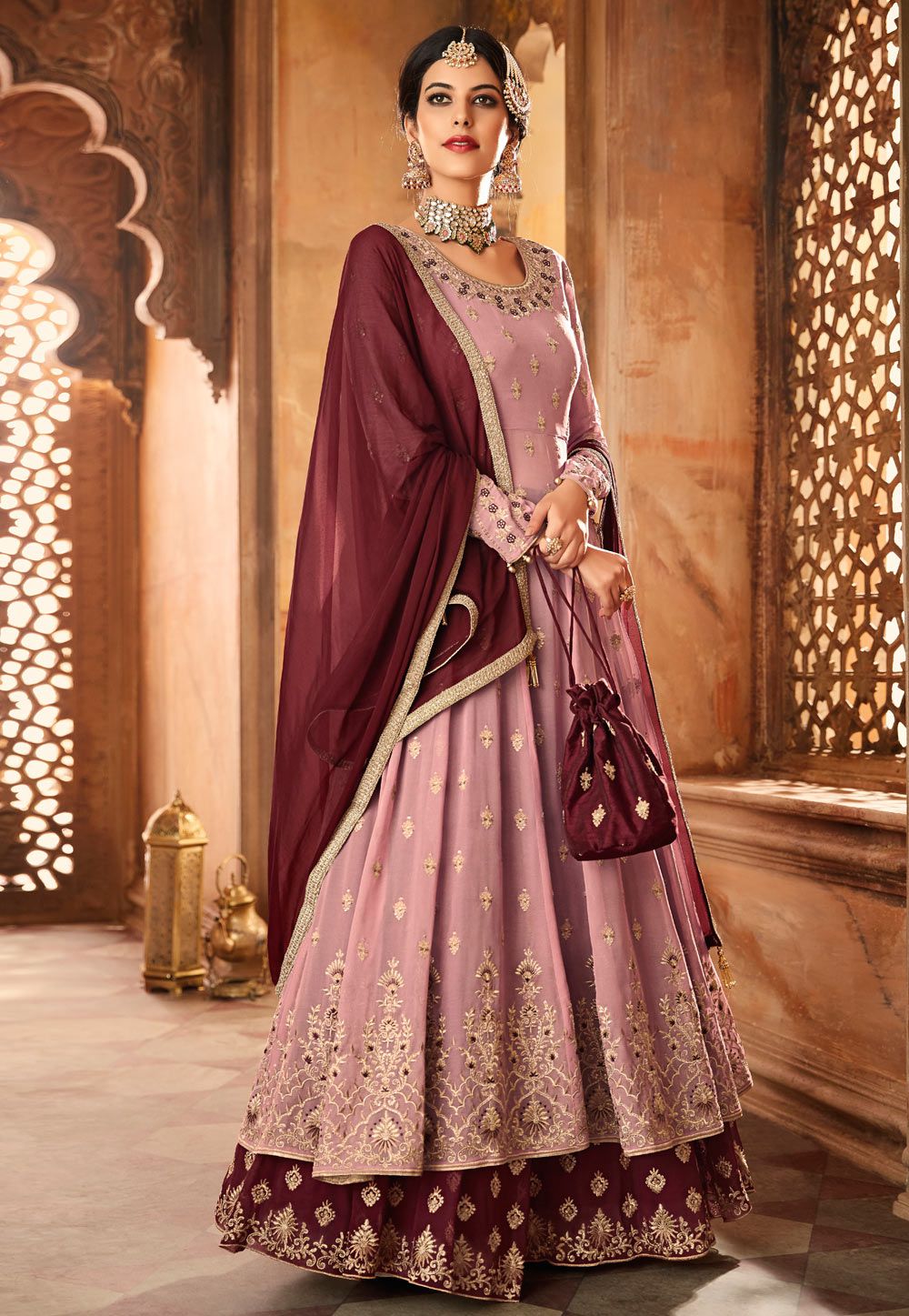 Buy Onion pink and purple georgette wedding lehenga in UK, USA and Canada