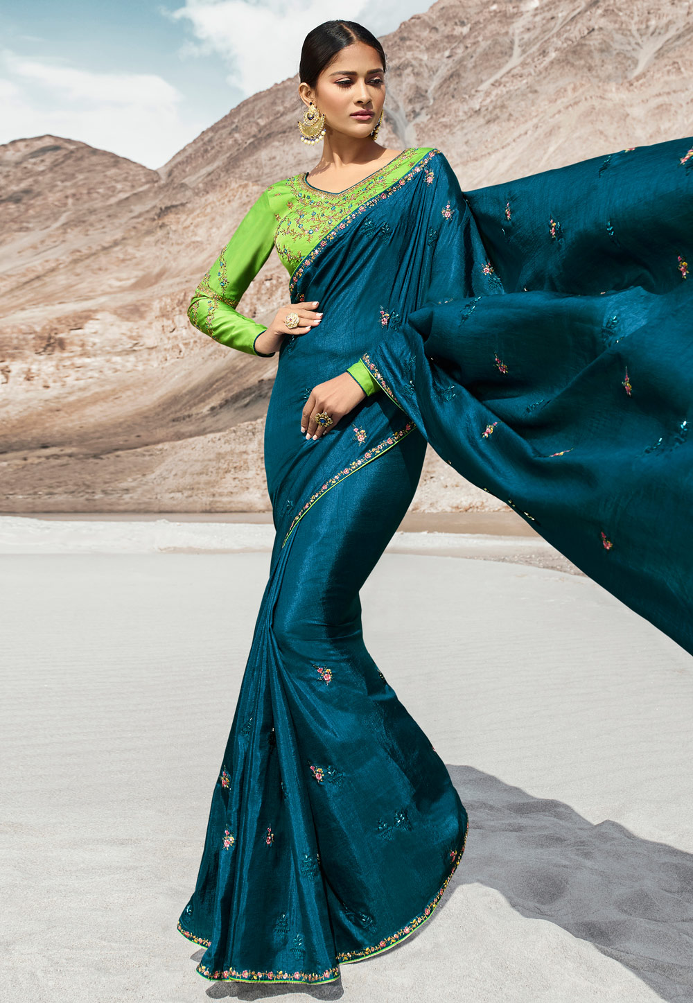 Teal blue silk party wear saree 80001