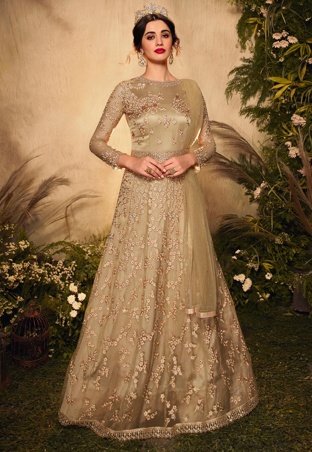 Ivory Beige Designer Embroidered Satin Silk Anarkali Gown | Saira's Boutique