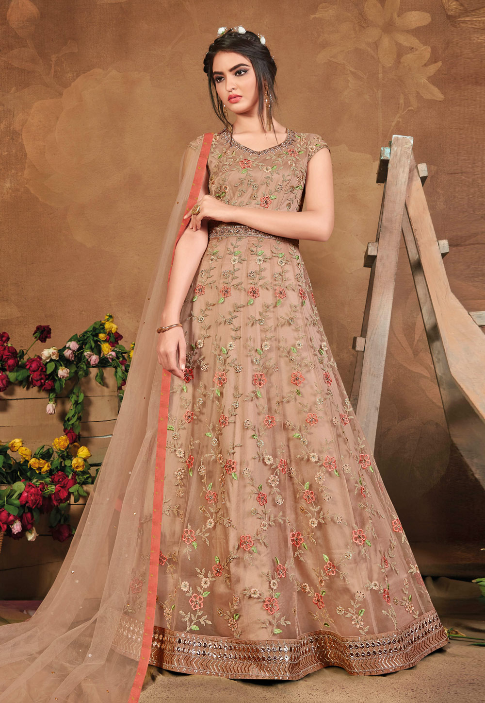 Buy Beige Anarkali Suit Online in USA with Embroidered Multicolor Jacket –  Pure Elegance