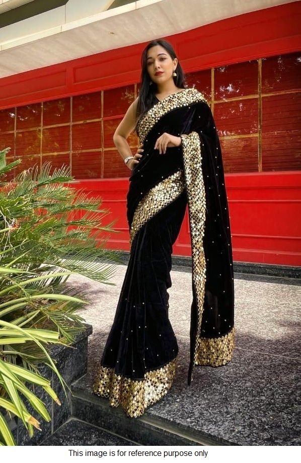 Buy Bollywood model Black velvet sequins saree in UK, USA and Canada