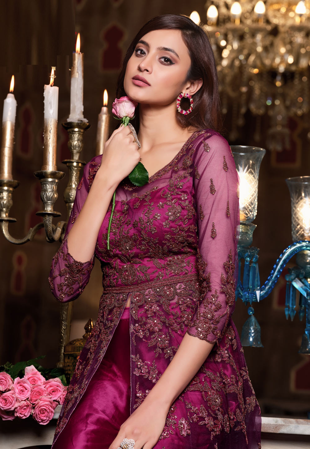 Magenta net embroidered indo western lehenga choli 4627