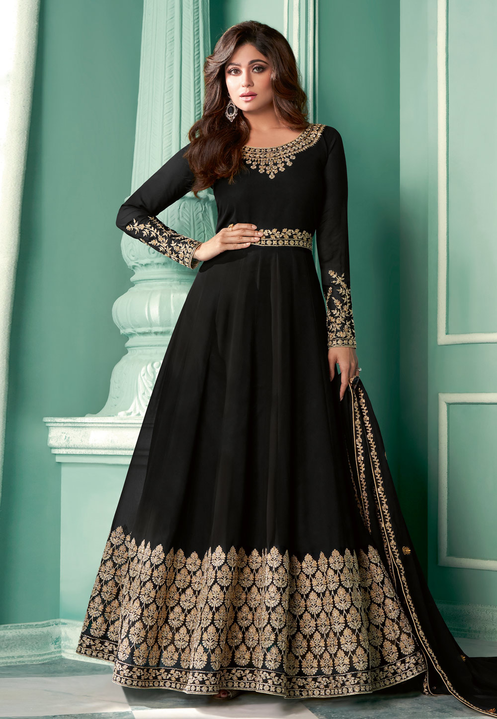 Black Embroidered Georgette Anarkali Gown - Urban Womania