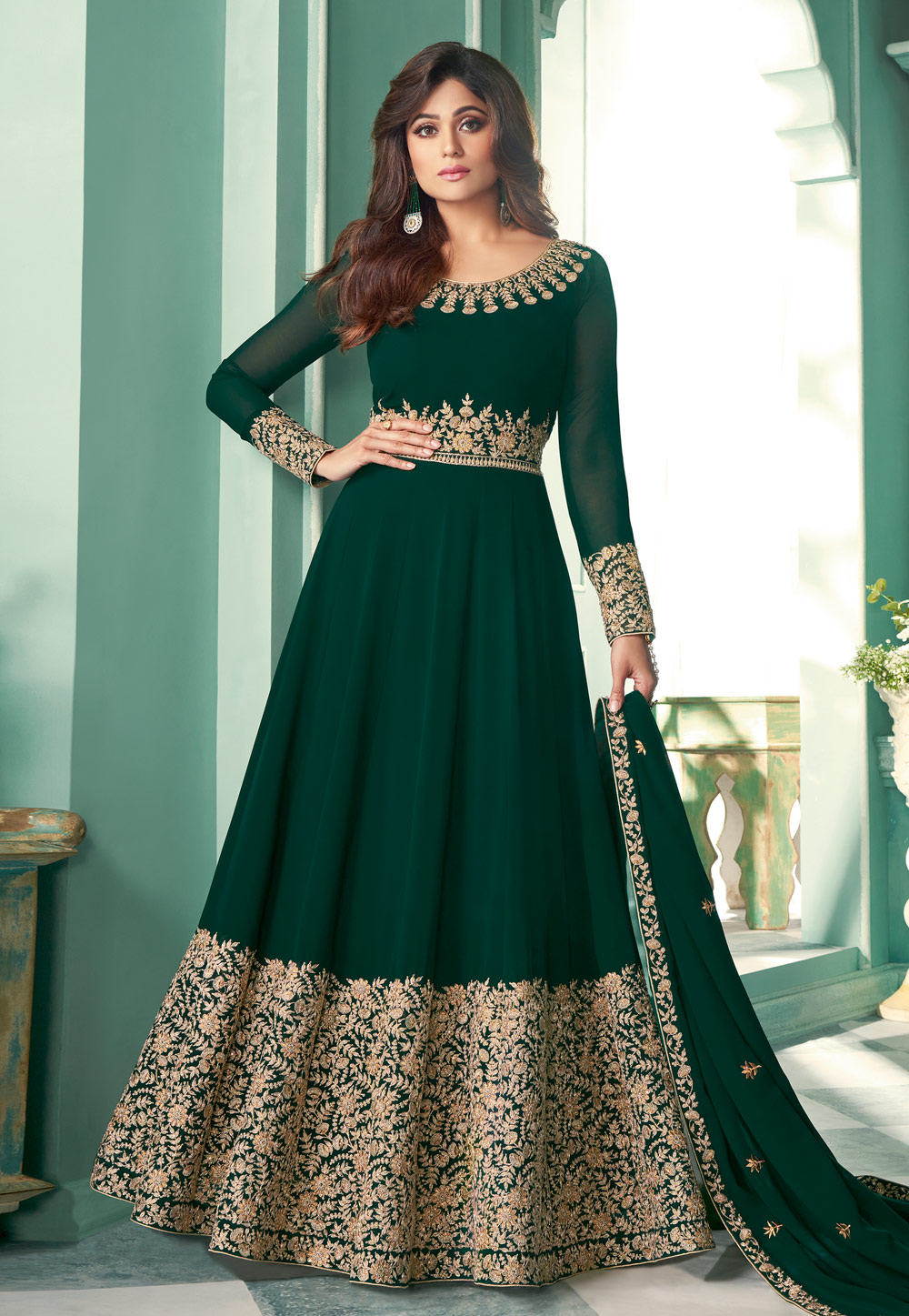 VeroniQ Trends-Bollywood Style Cotton Rayon Anarkali With Mirror Work  Green-Pink-Dark Pink-Indian Party Wear-Anarkali Suit-VF - VeroniQ Trends