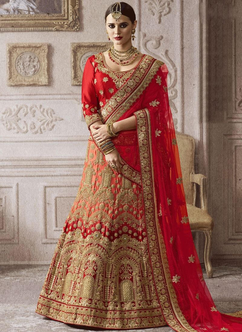 Red And Dark Peach Color Satin Silk Wedding Lehenga 4001