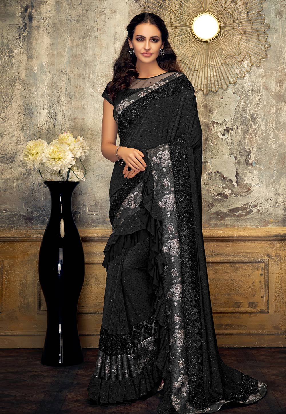 Black Party Wear Imported Lycra Saree, 6.3 m, With blouse piece at