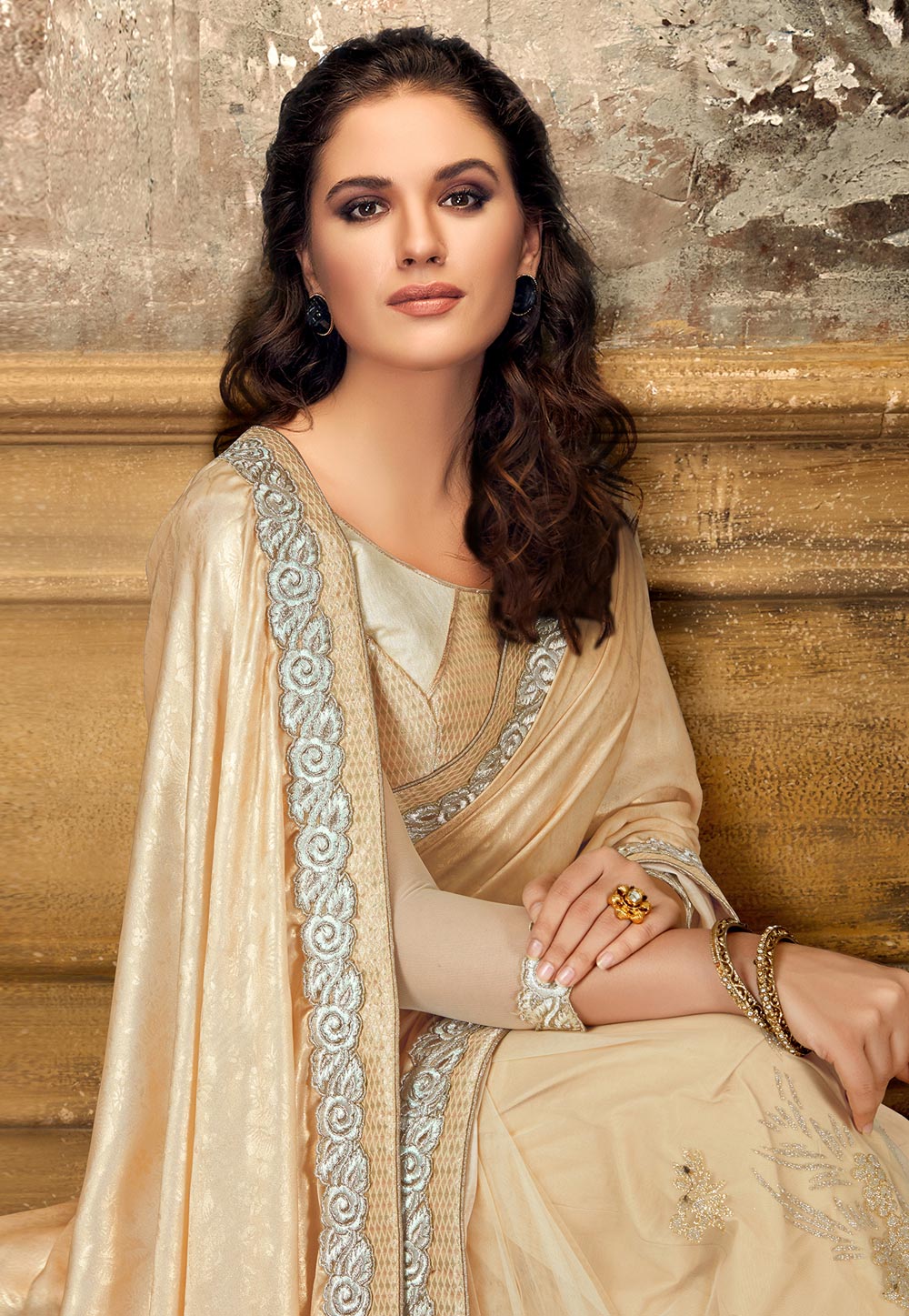 Cream satin saree with blouse 11220