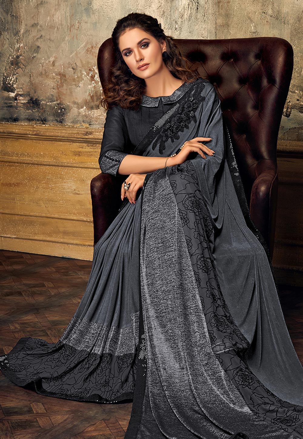 Gray lycra saree with blouse 11214