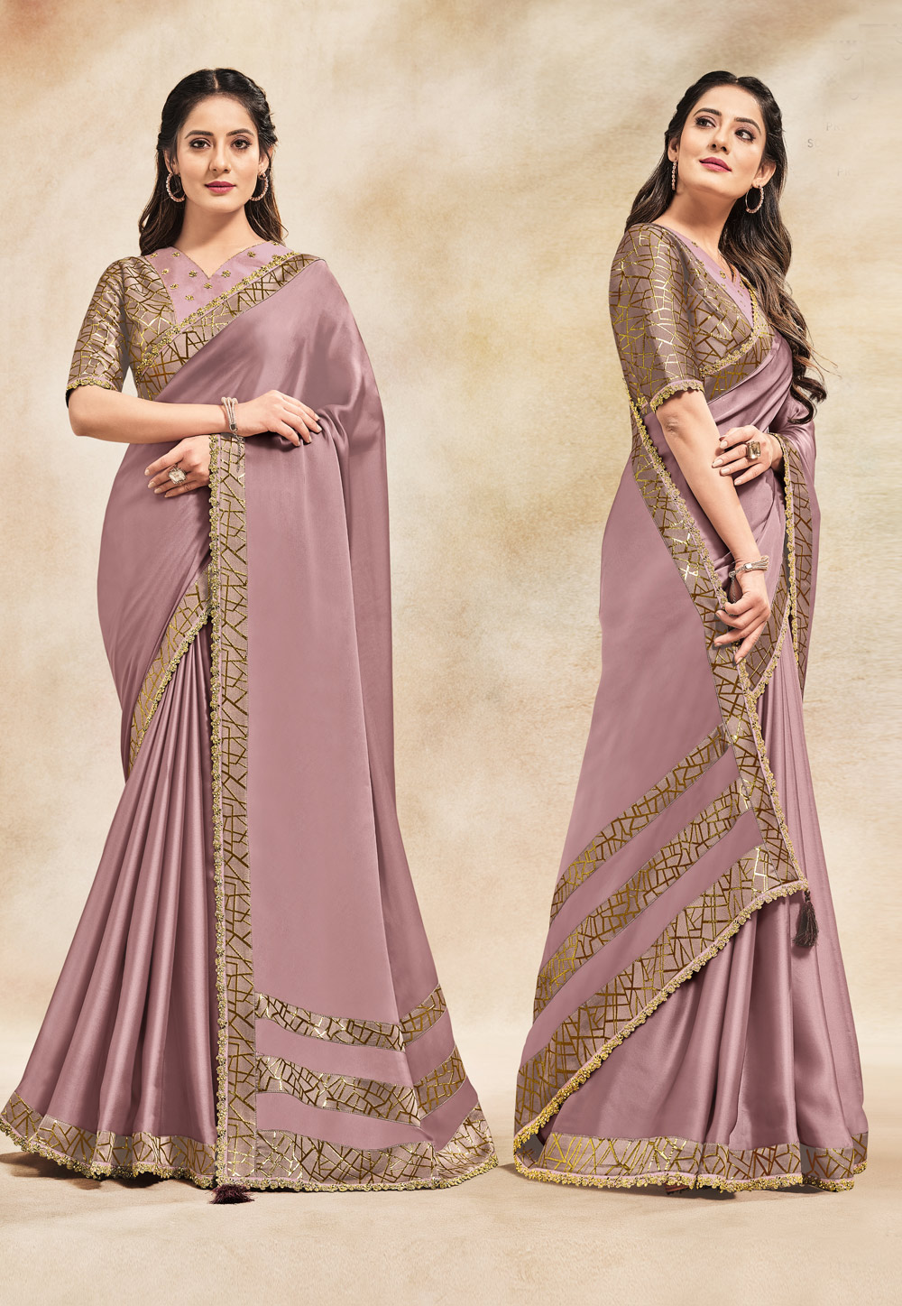 Light Purple Silk Satin Plain Saree With Designer Blouse 42017 