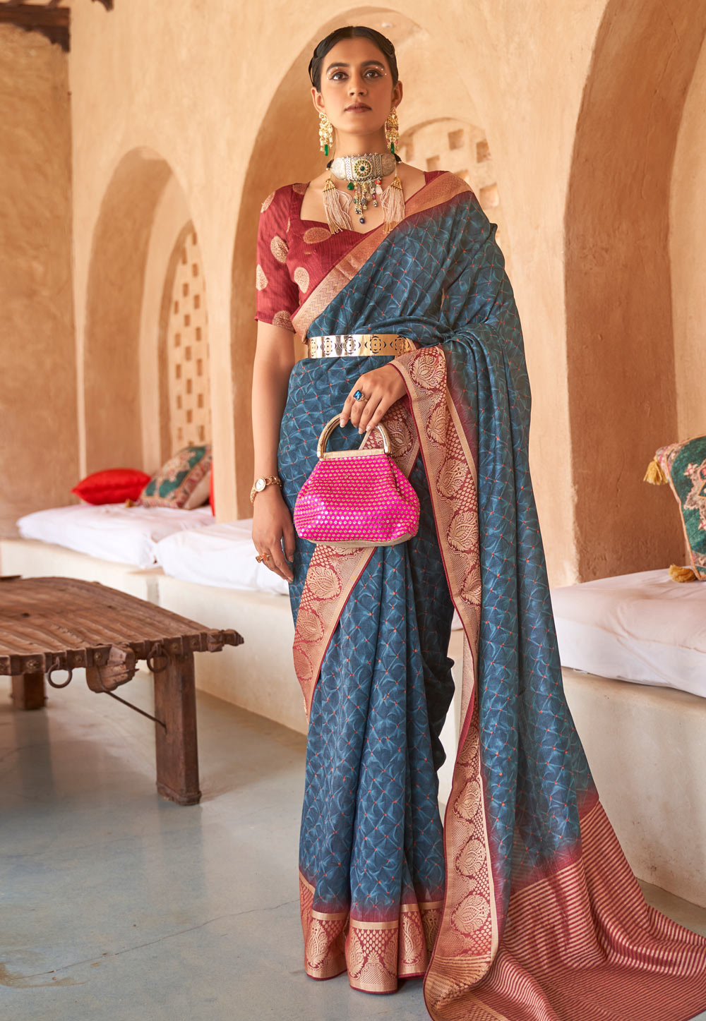 Peach and navy blue saree hotsell