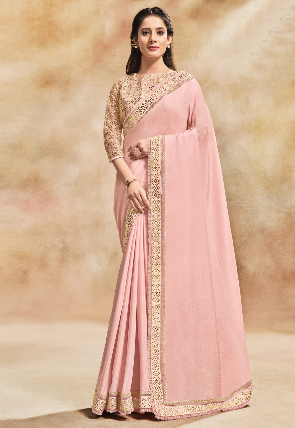 Peach silk georgette plain saree with designer blouse 42011