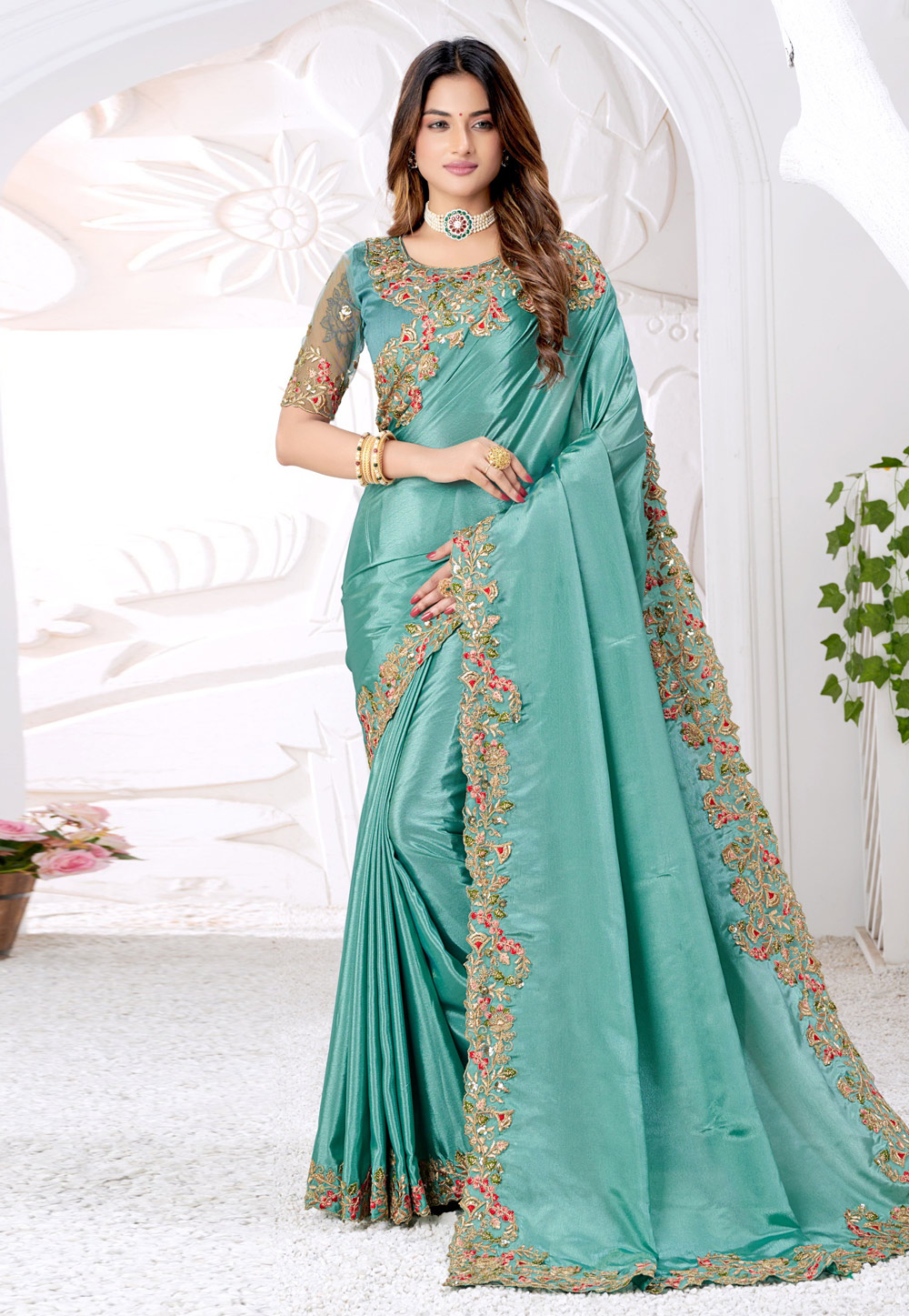 Sea green silk plain saree with designer blouse 5904