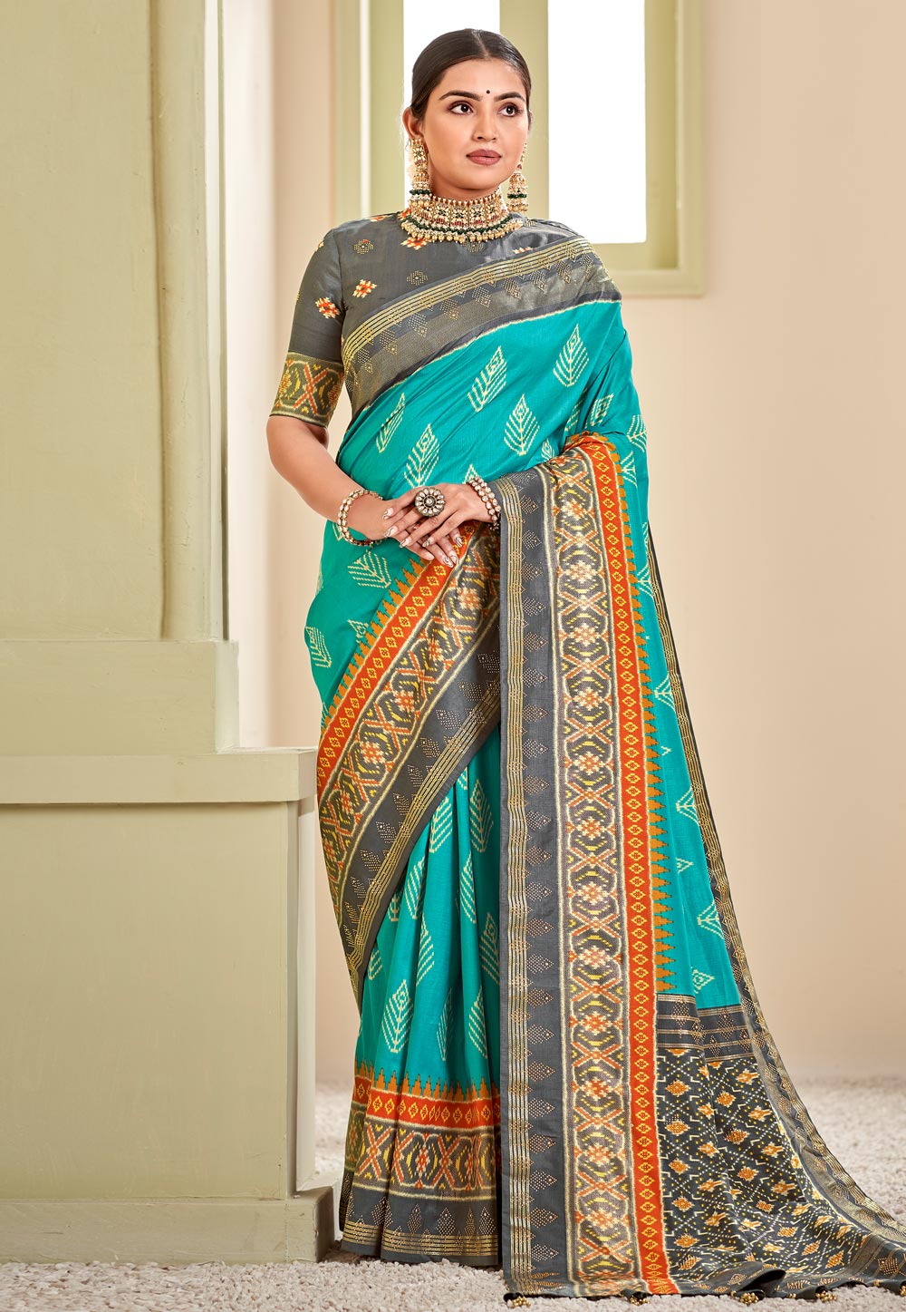 Sky blue silk saree with blouse 179