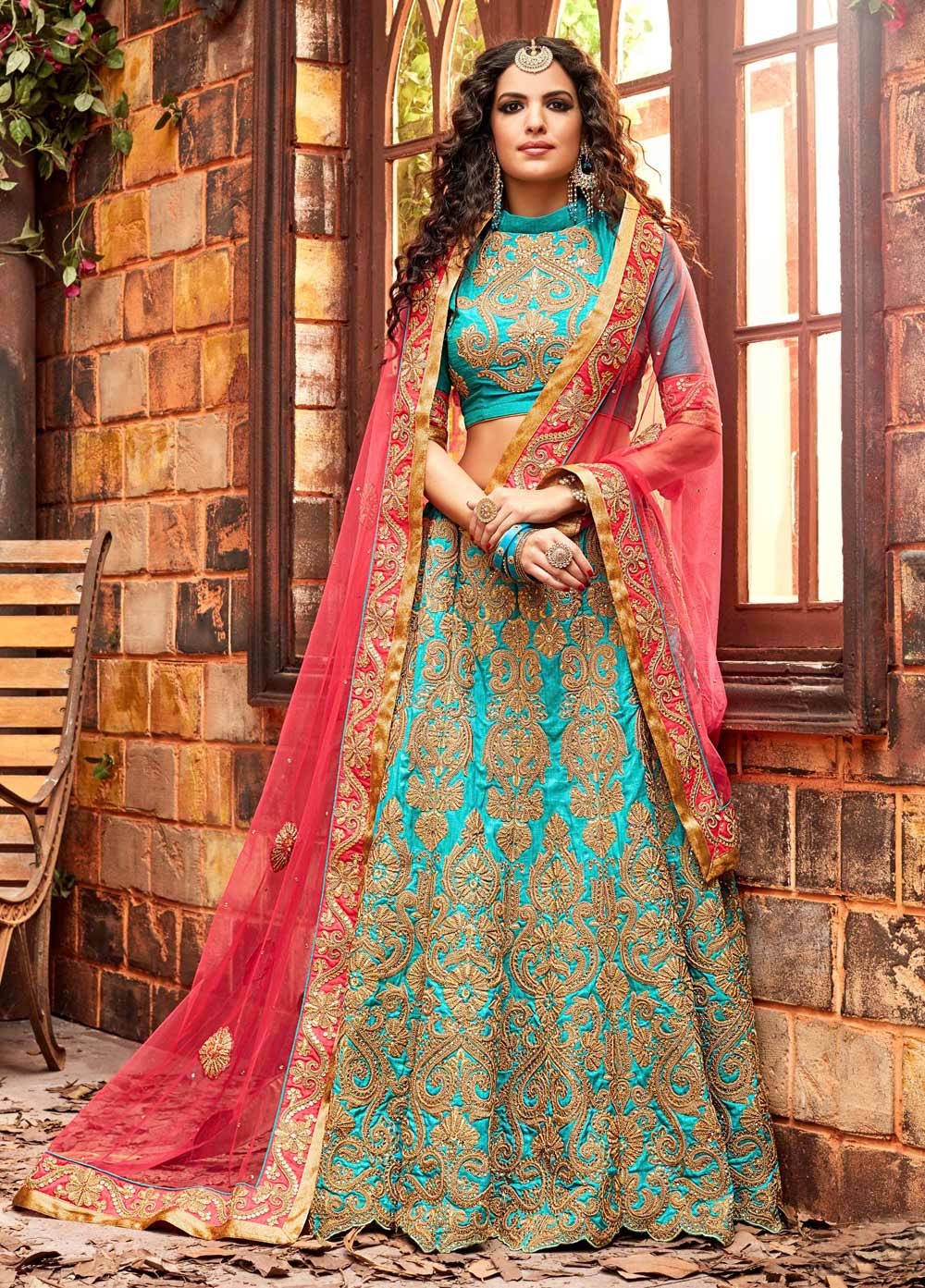 blue and pink lehenga choli
