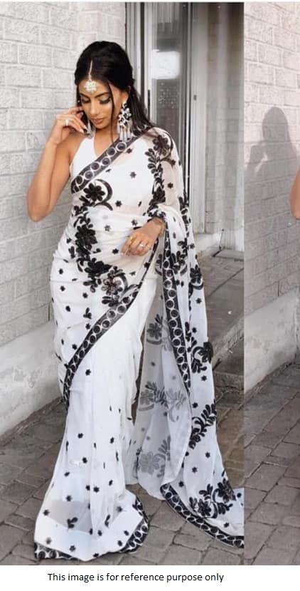 Buy Bollywood model Black and white georgette saree in UK, USA and Canada