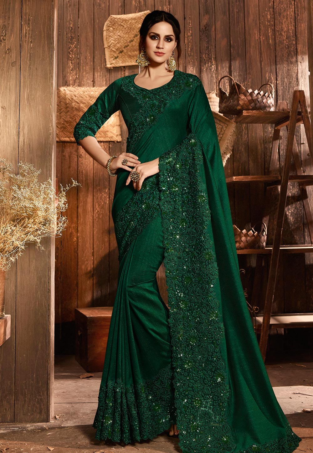 Dark green silk saree with blouse 5412