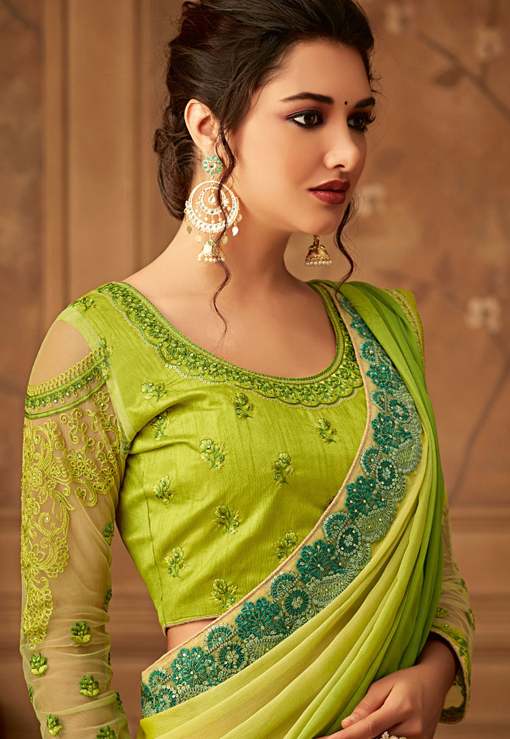 Green chiffon embroidered festival wear saree 507