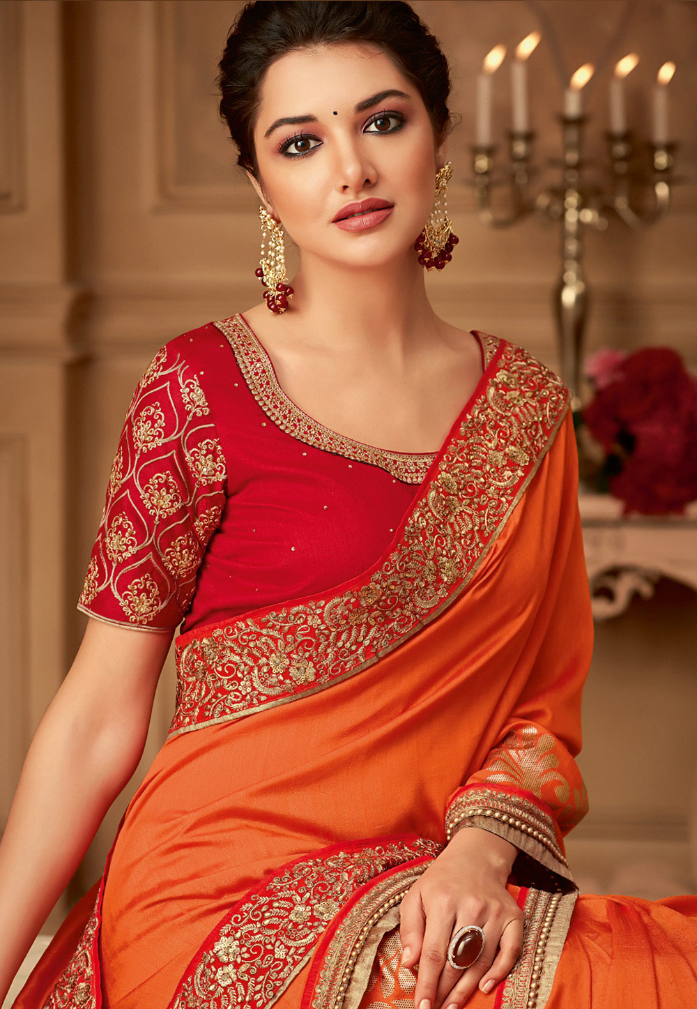 Orange silk embroidered saree with blouse 504