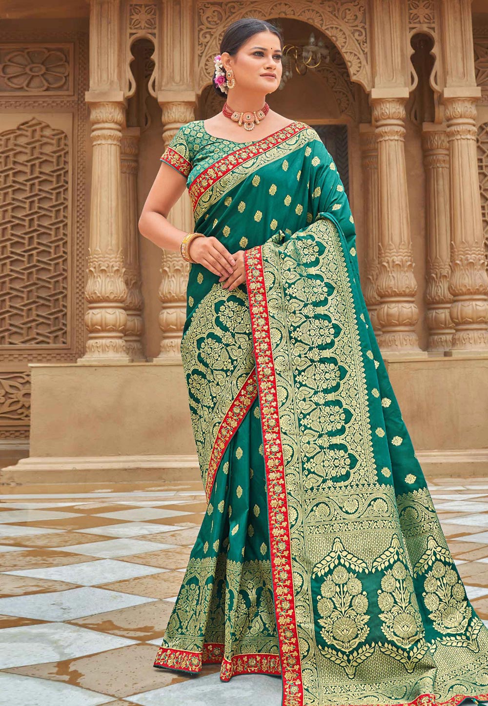Buy Green Banarasi Silk Festival Wear Weaving Saree Online From Wholesale  Salwar.