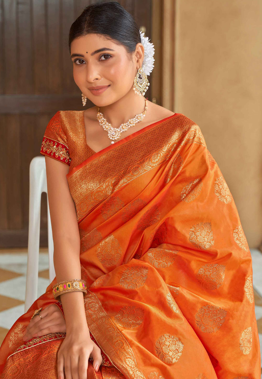 Beautiful Orange Tissue Pure Handloom Kanchi Pattu Saree in Multi colo –  Siri Collections