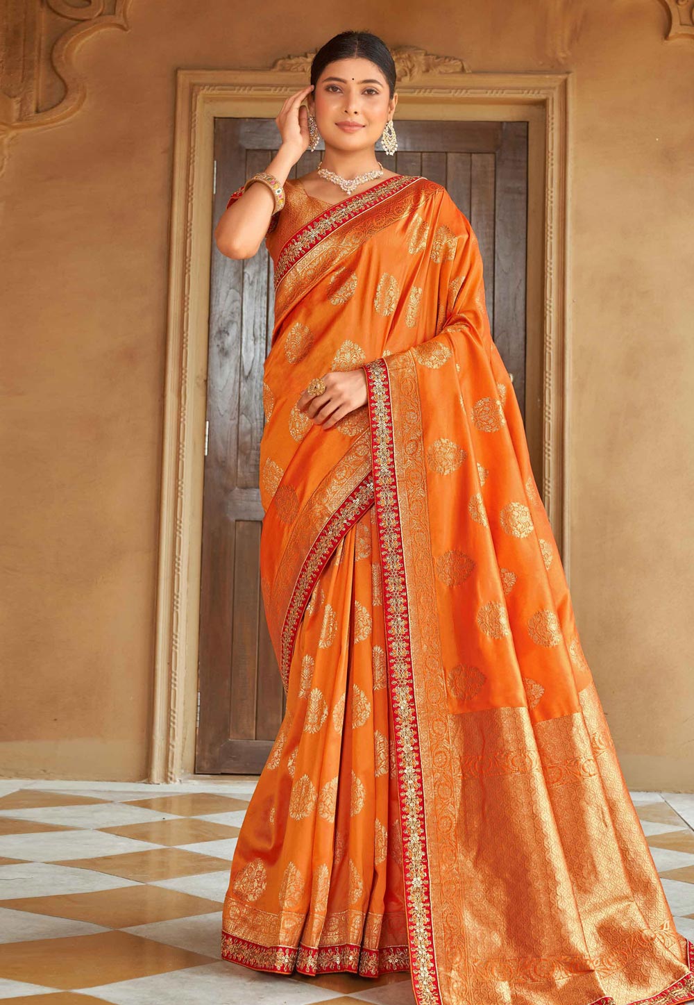 Beautiful Orange Banarasi Silk Woven Design Saree With Blouse Piece -  GG000156 - www.gograbo.com