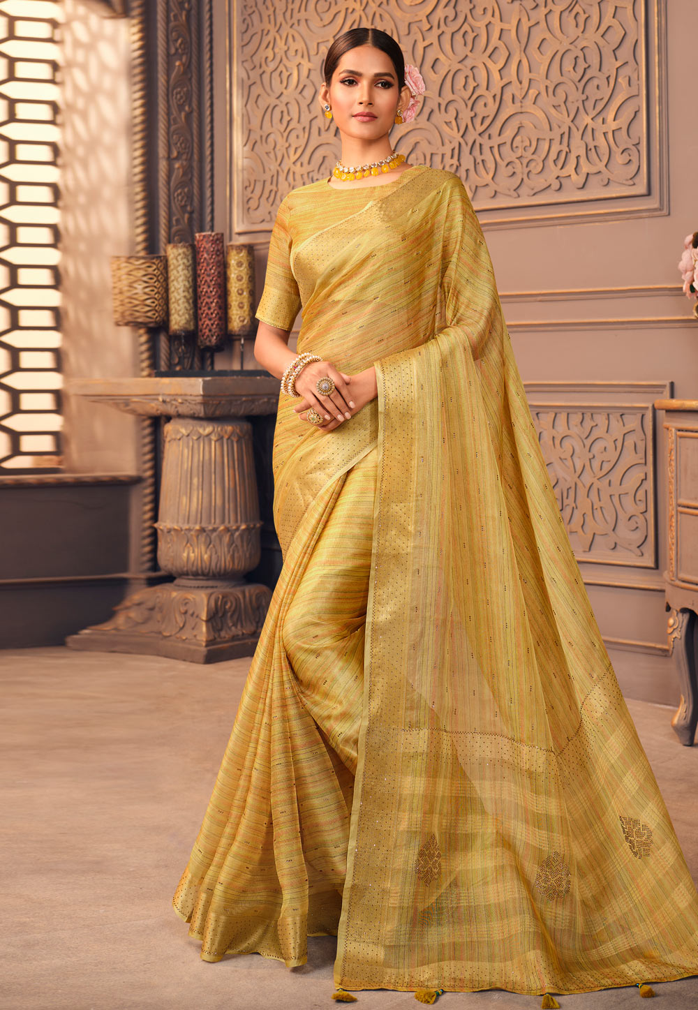 Organza Saree with blouse in Golden colour 1208