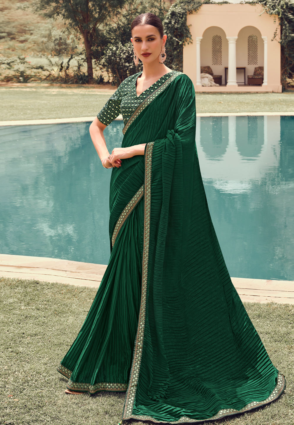 Thread Embroidered Chinon Silk Bottle Green Saree With Peach Blouse –  tapee.in