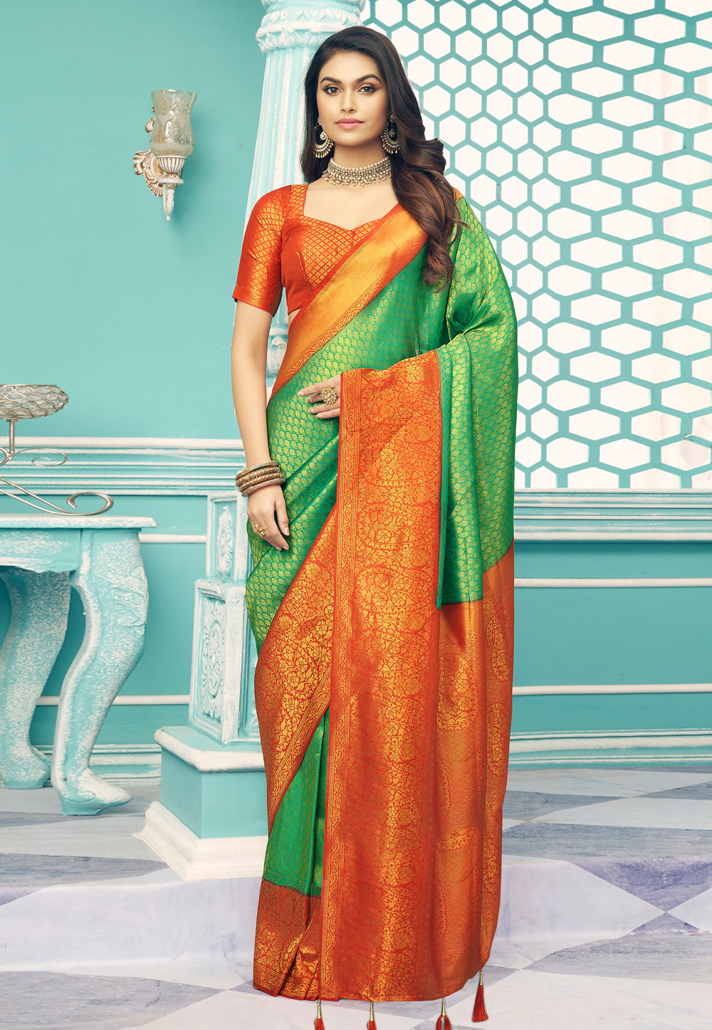 Silk Saree With Blouse In Light Green Colour 14007