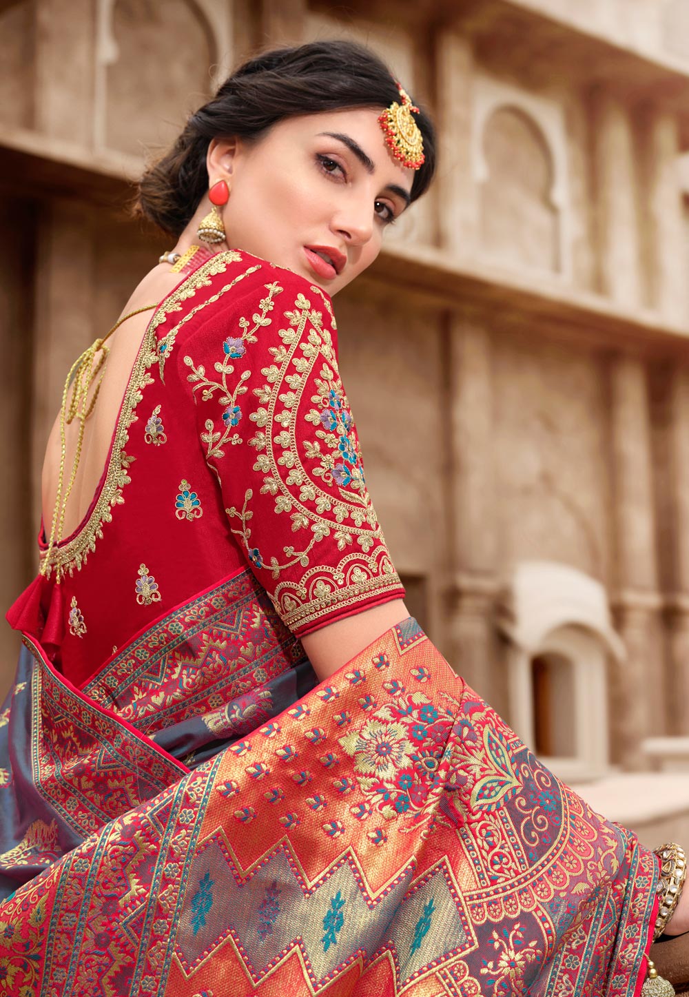 Red saree with navy blue blouse deals