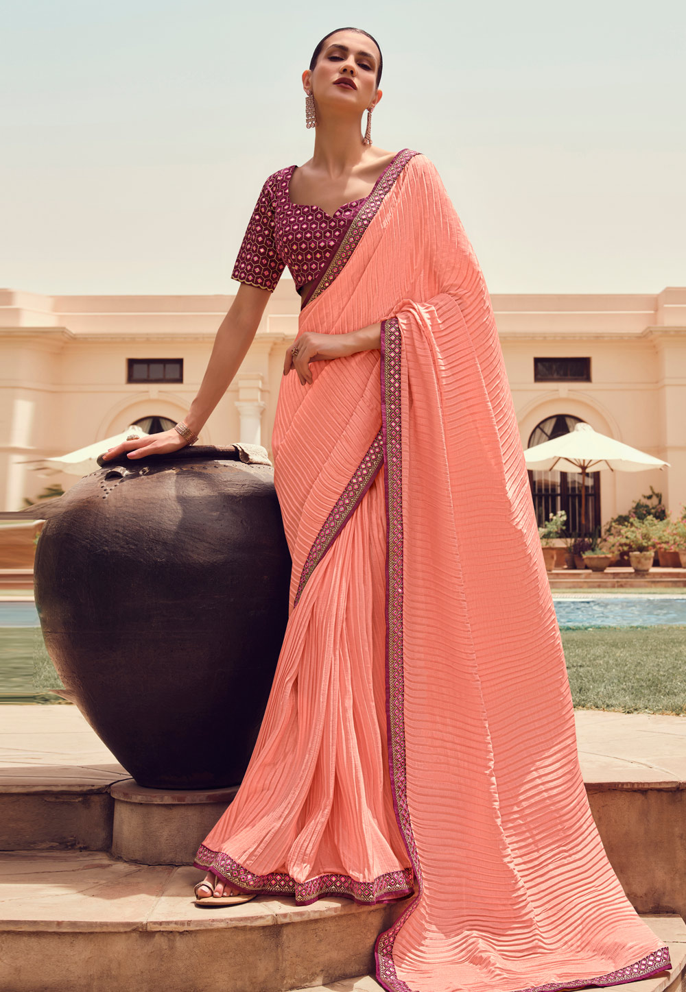 Peach silk saree with big rose gold border and contrasting blue blouse and  pallu. – Meshira