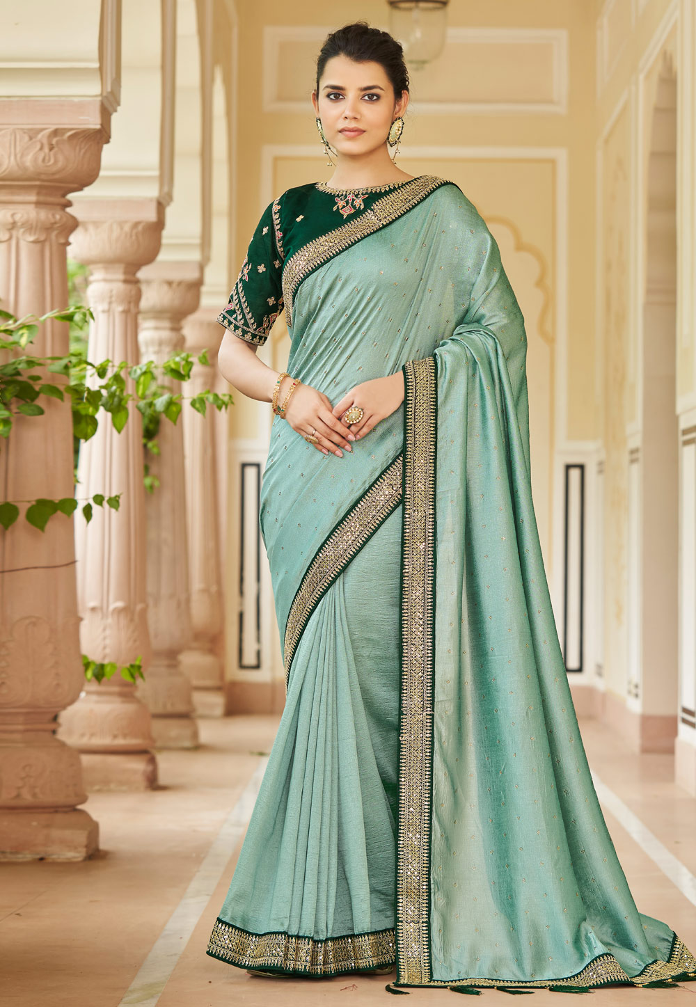 Silk Saree with blouse in Sea green colour 5415